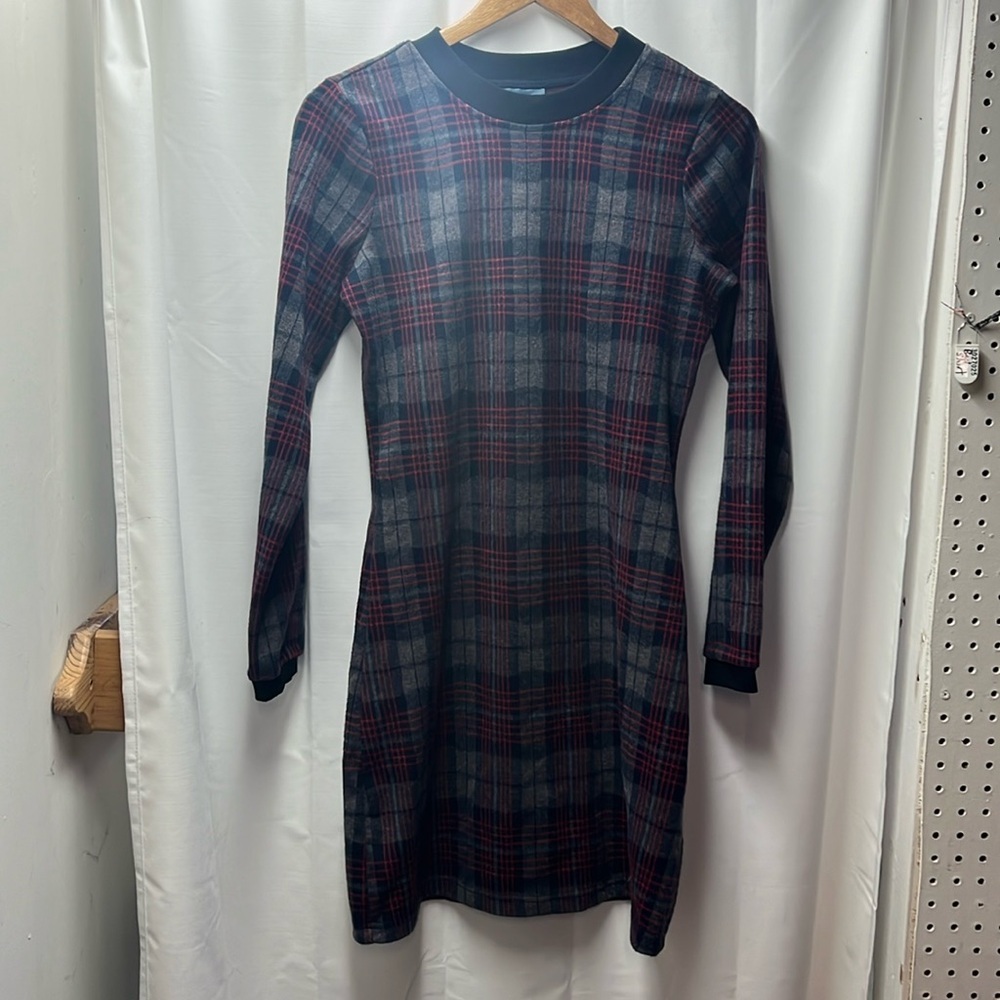ModCloth Red Navy Gray Holiday Plaid Sweater Dress- S